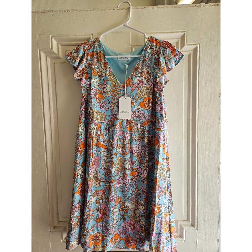 Emily Wonder Floral V-Neck Flutter Sleeve Mini Dress Blue Pink Orange Large NWT